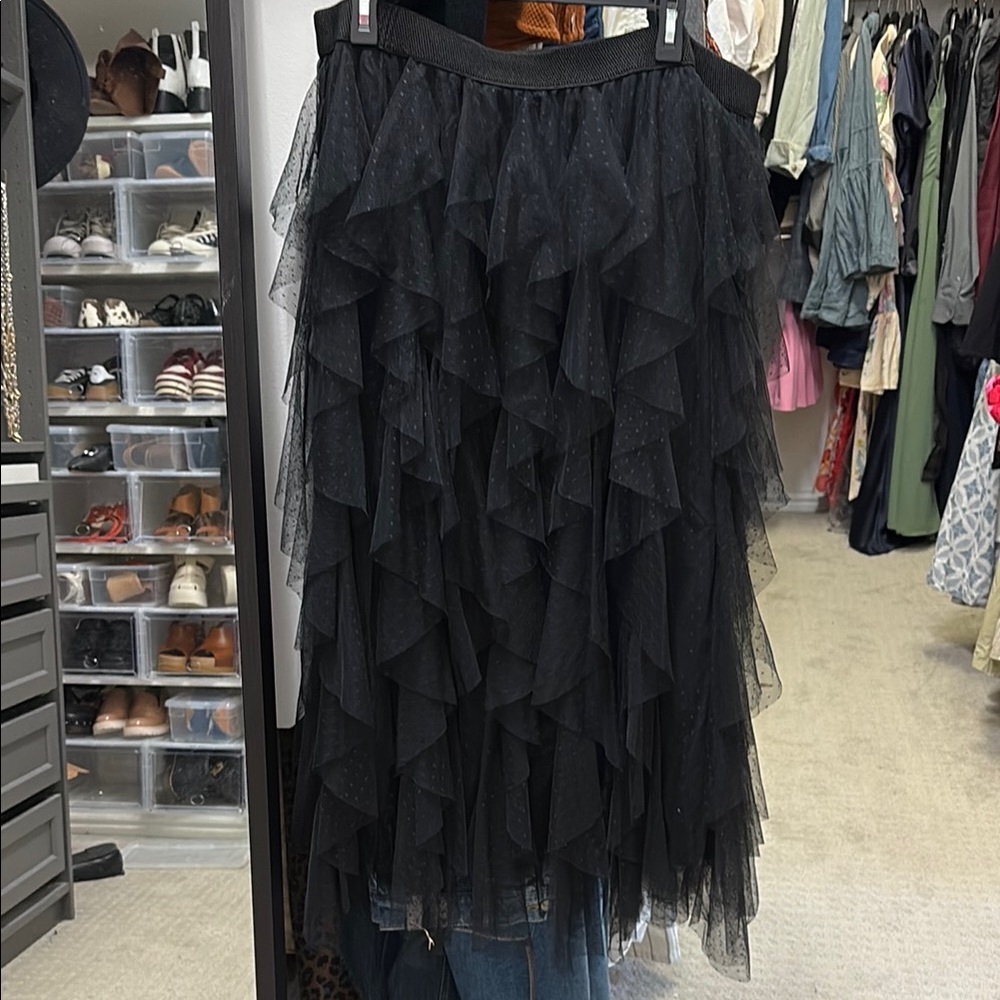 Anthropologie Black Ruffled Tulle Midi Skirt